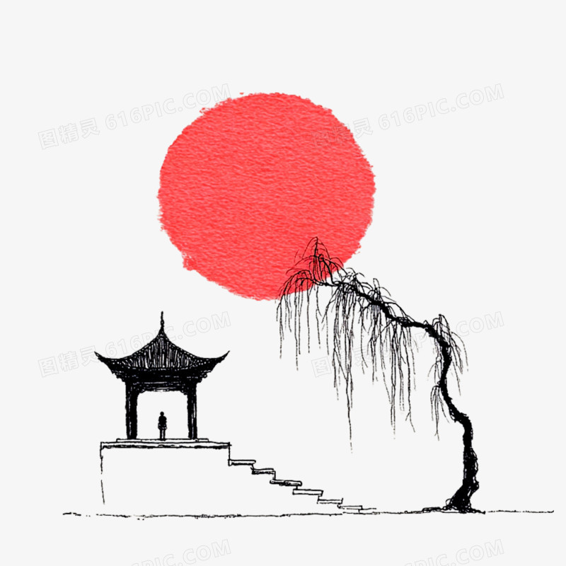 手绘卡古风简笔画建筑免抠元素