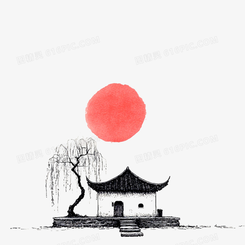 手绘卡古风简笔画房子免抠元素