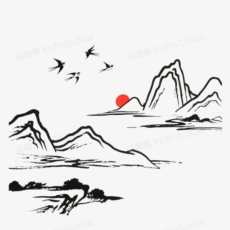 古风简笔画写意风景免抠元素