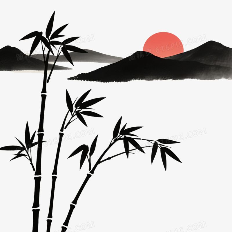 古风简笔画竹子远山免抠元素
