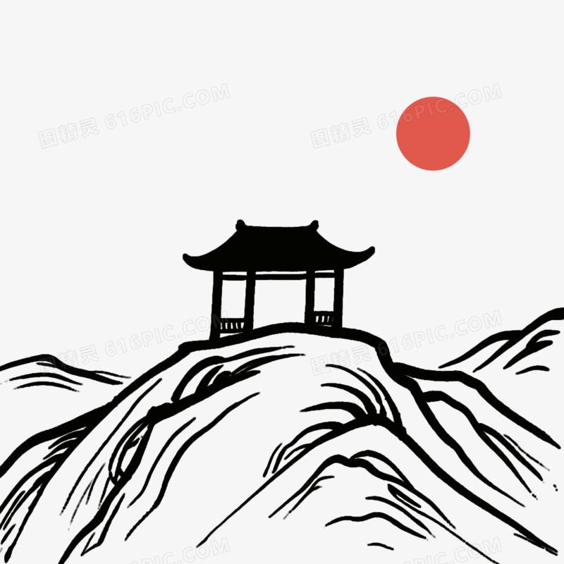 古风简笔画一座山丘免抠元素