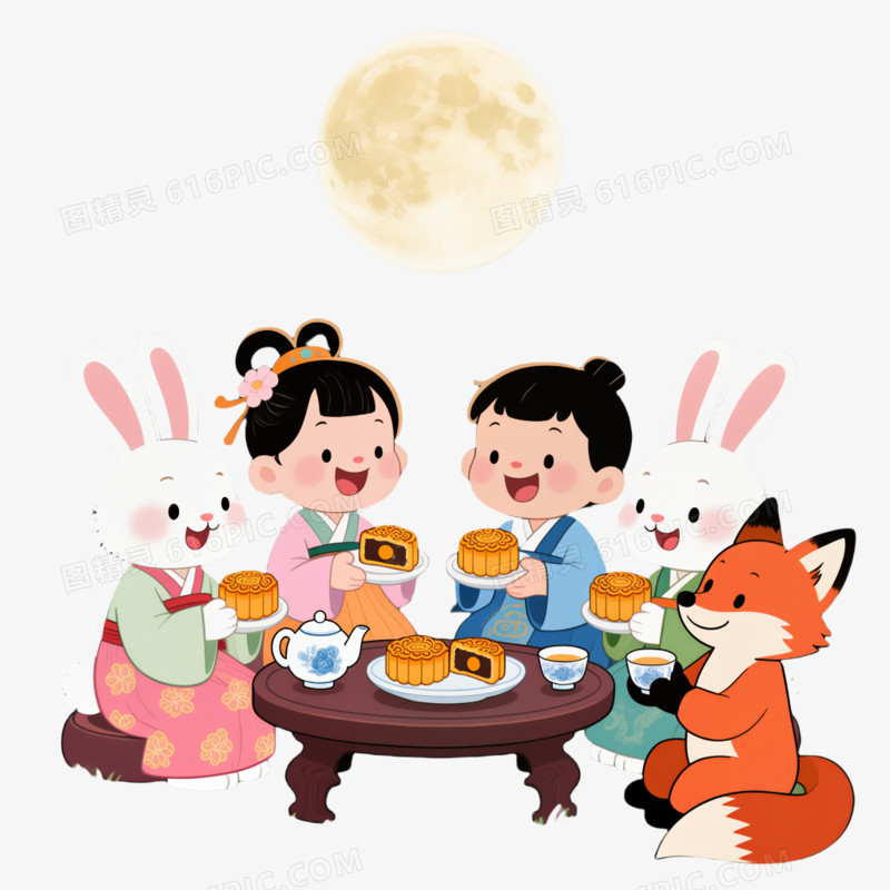 中秋节一起吃月饼免抠元素
