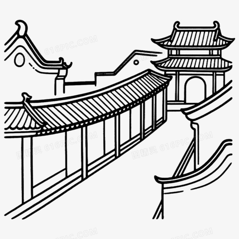 江南古风简笔画免抠元素