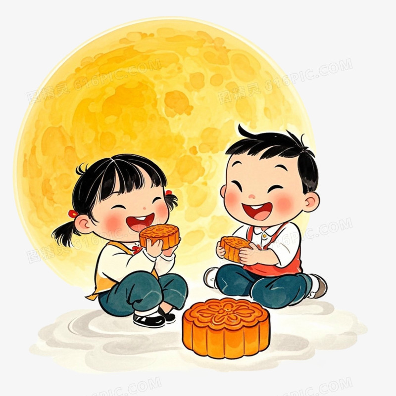 中秋节吃月饼的小孩子免抠元素