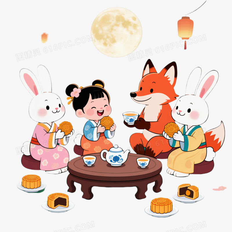 中秋节一起吃月饼免抠元素