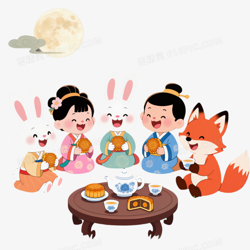中秋节一起吃月饼免抠元素