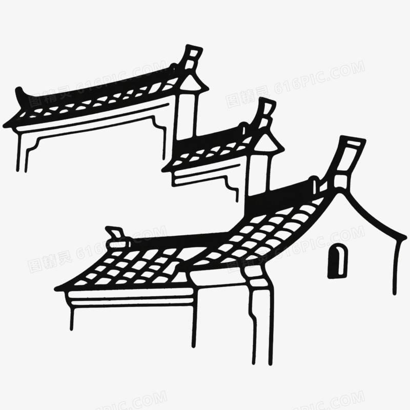 江南建筑古风简笔画免抠元素