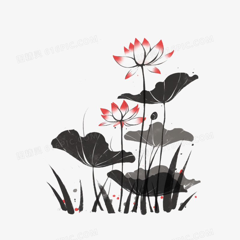 手绘卡古风简笔画荷花免抠元素