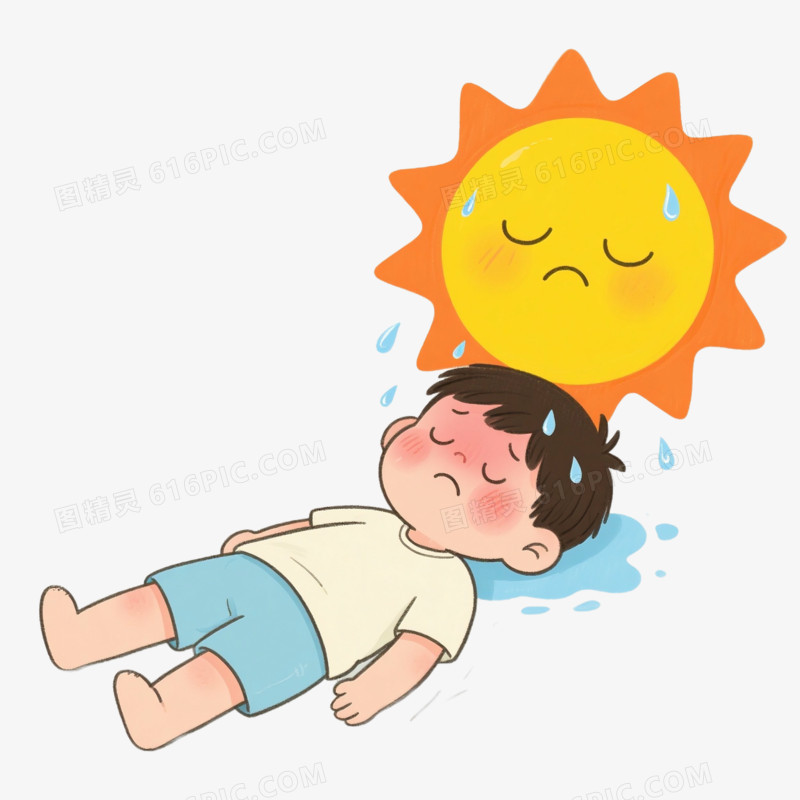 手绘男孩中暑症状免抠元素