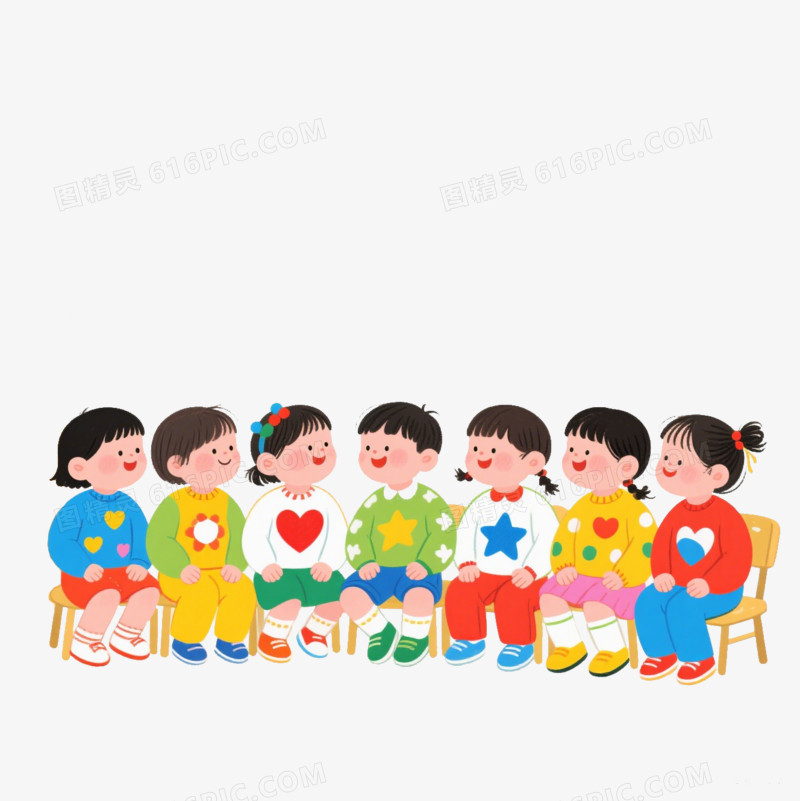 插画坐成一排的幼儿园小朋友免抠元素