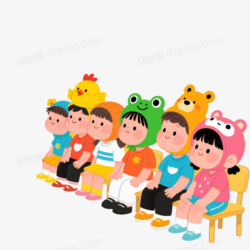 插画坐成一排的幼儿园小朋友免抠元素