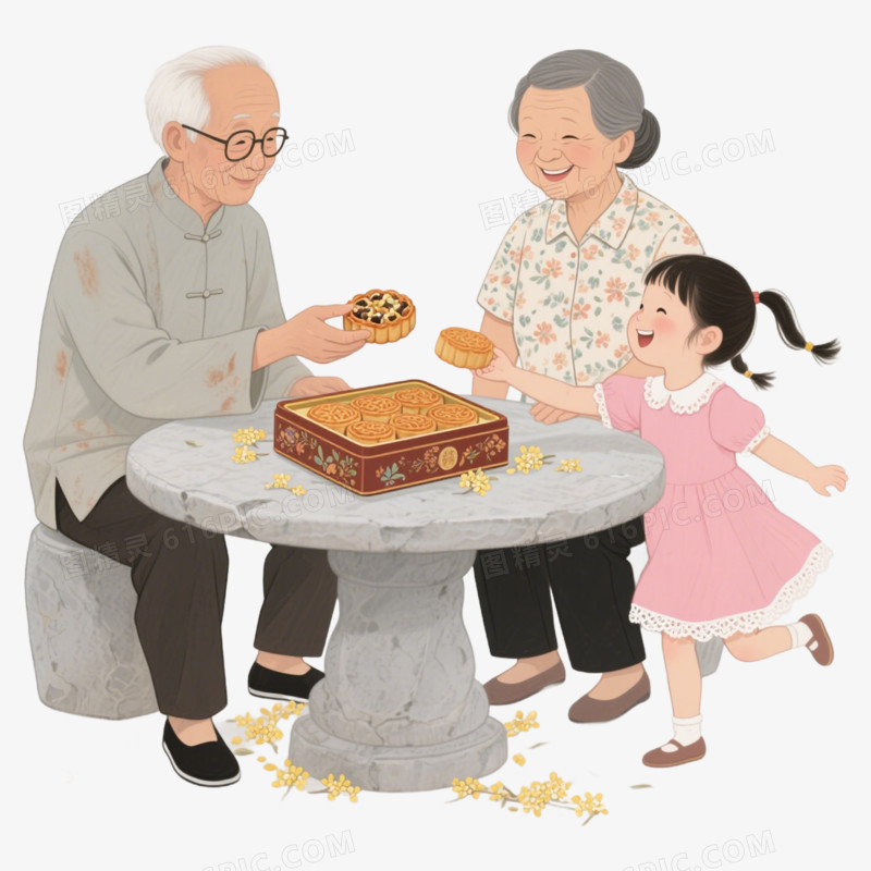 卡通手绘女孩和爷爷奶奶吃月饼免抠元素