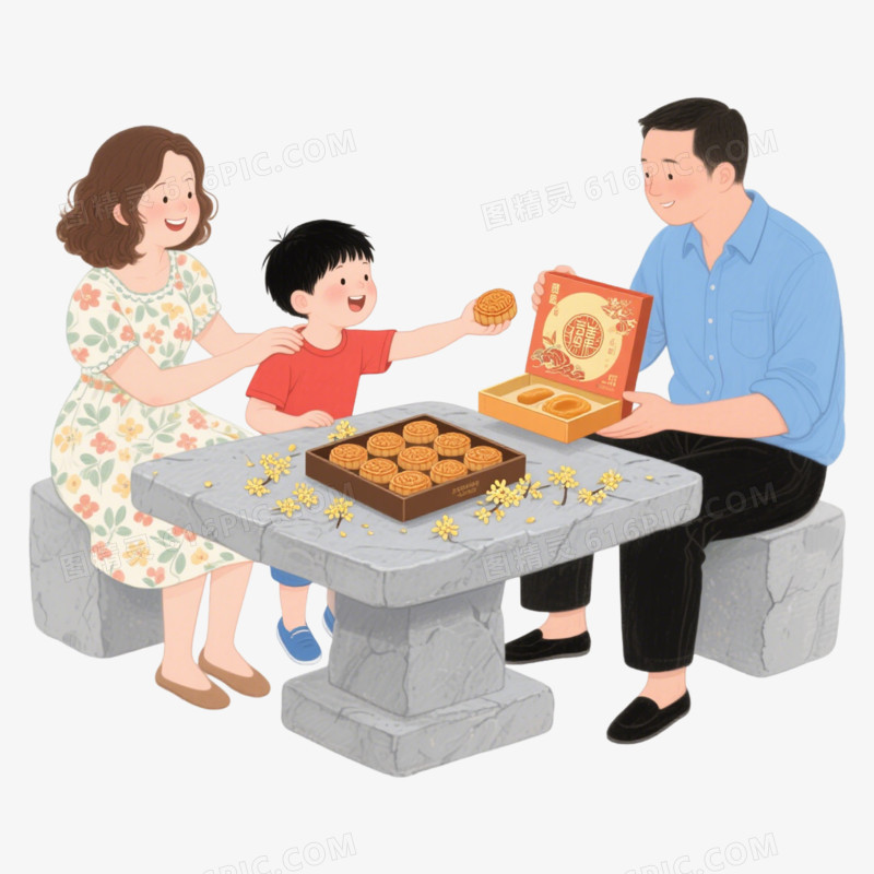 卡通手绘一家人吃月饼免抠元素
