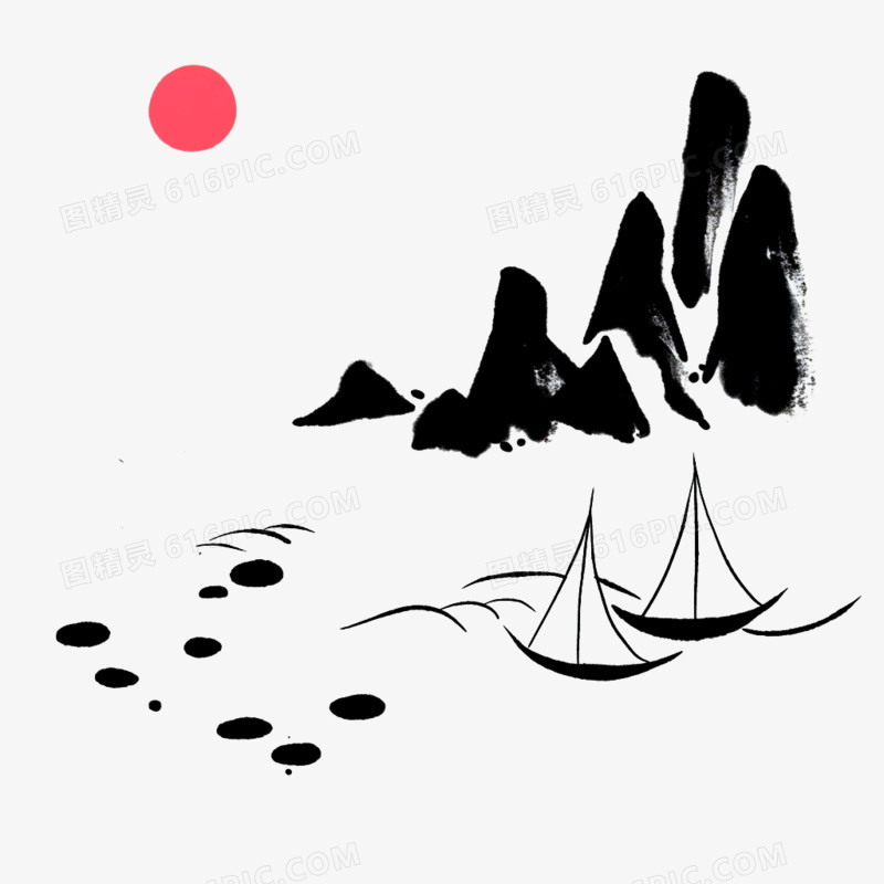 手绘卡古风简笔画山水免抠元素