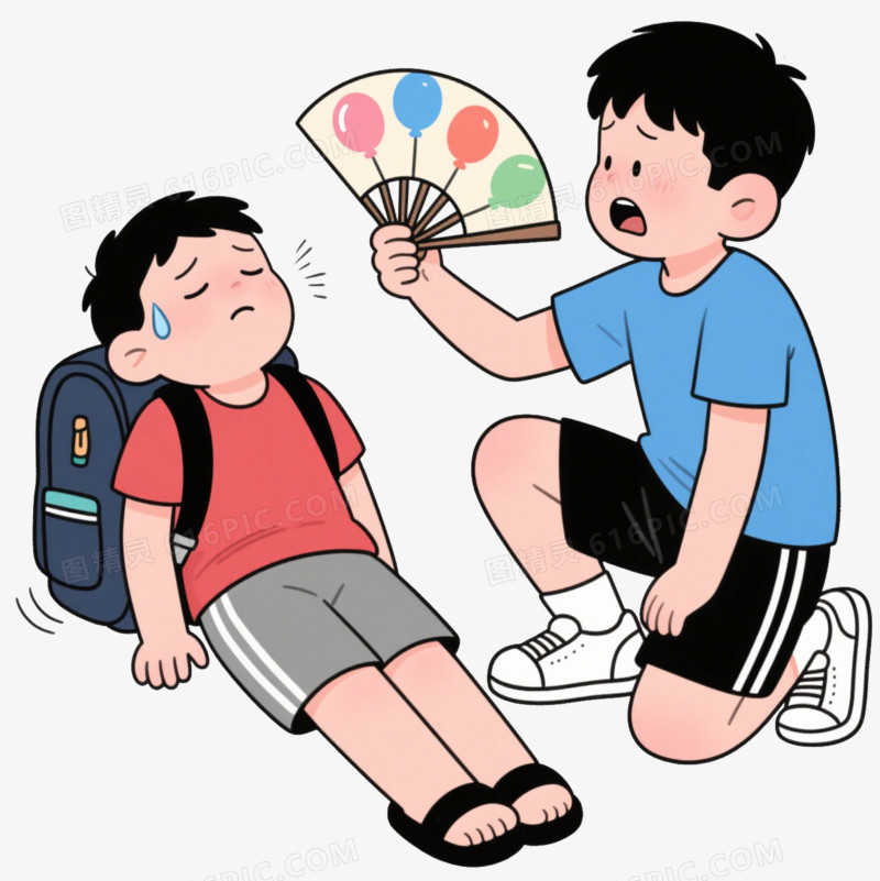 卡通小男孩给另一个中暑的小男孩扇扇子免抠元素