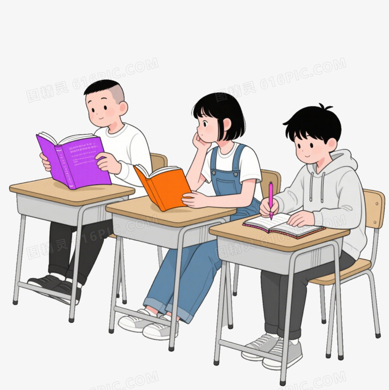 插画三个在教室学习的中学生免抠元素