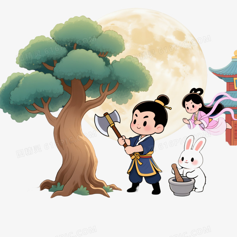 中秋节吴刚伐桂免抠元素