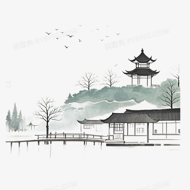 中国风古典意境简笔画免抠元素