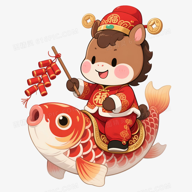 卡通手绘锦鲤和马年可爱小马免抠元素