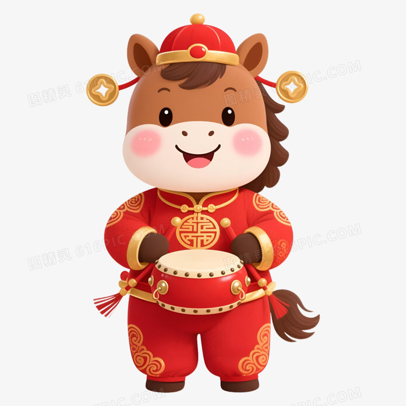 卡通手绘打鼓的马年可爱小马免抠元素
