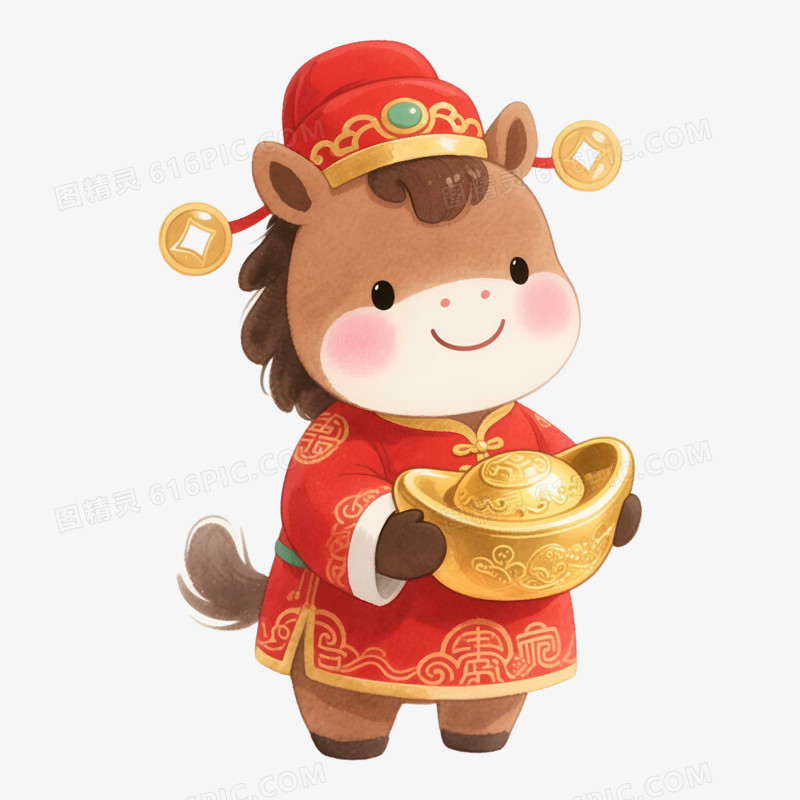 卡通手绘金元宝和马年可爱小马免抠元素