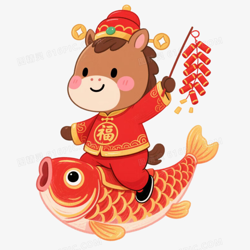 卡通手绘锦鲤和马年可爱小马免抠元素