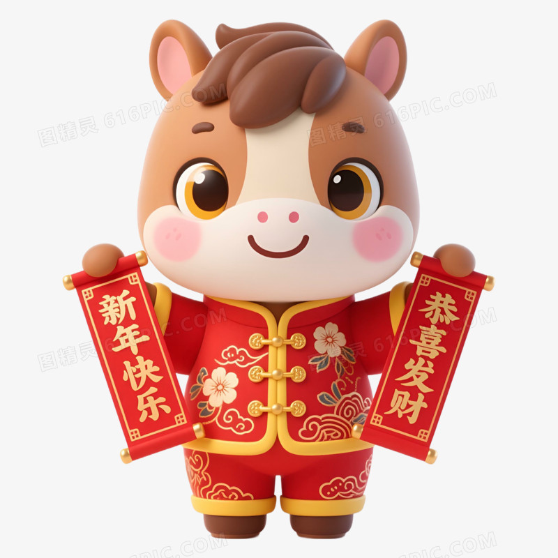 3D建模拿着对联的马年可爱小马免抠元素