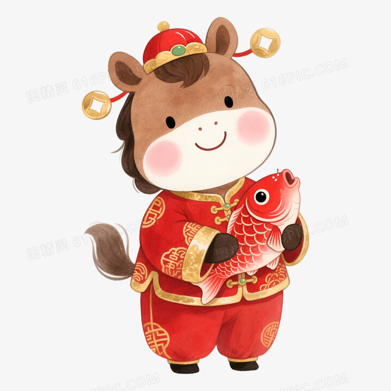 卡通手绘锦鲤和马年可爱小马免抠元素
