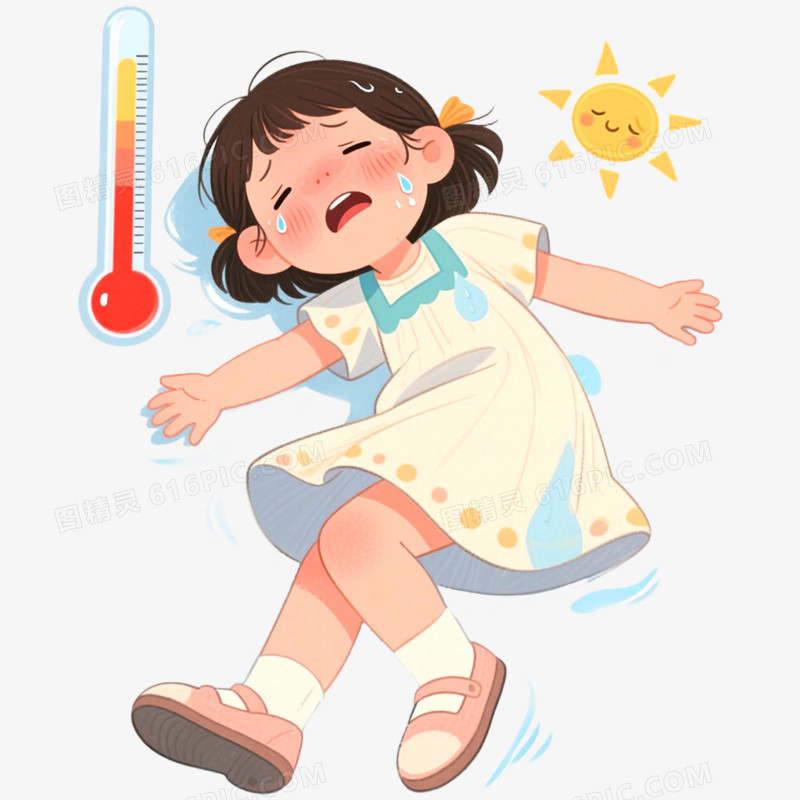 手绘插画夏日中暑画面免抠元素