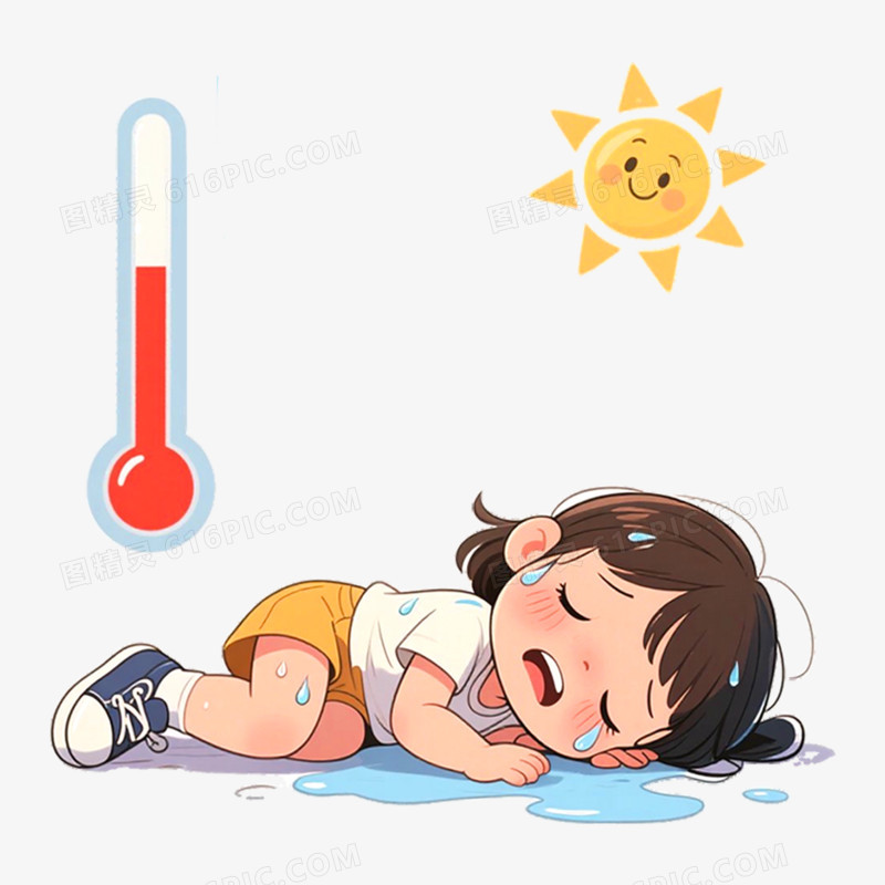 手绘插画夏日中暑画面免抠元素