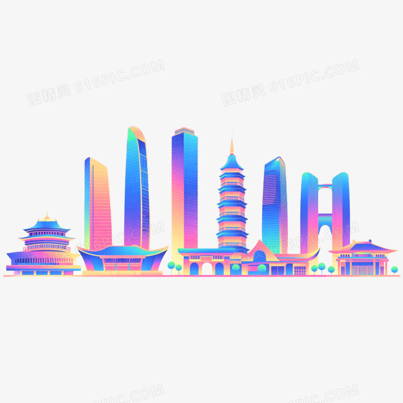 手绘插画城市天际线免抠元素