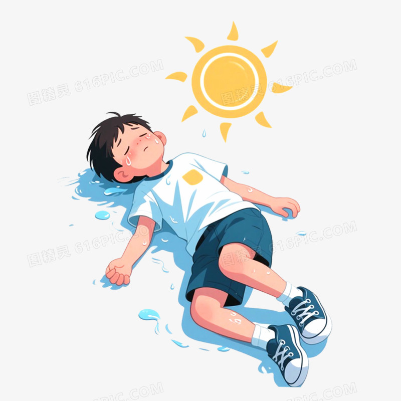 手绘插画夏日中暑画面免抠元素