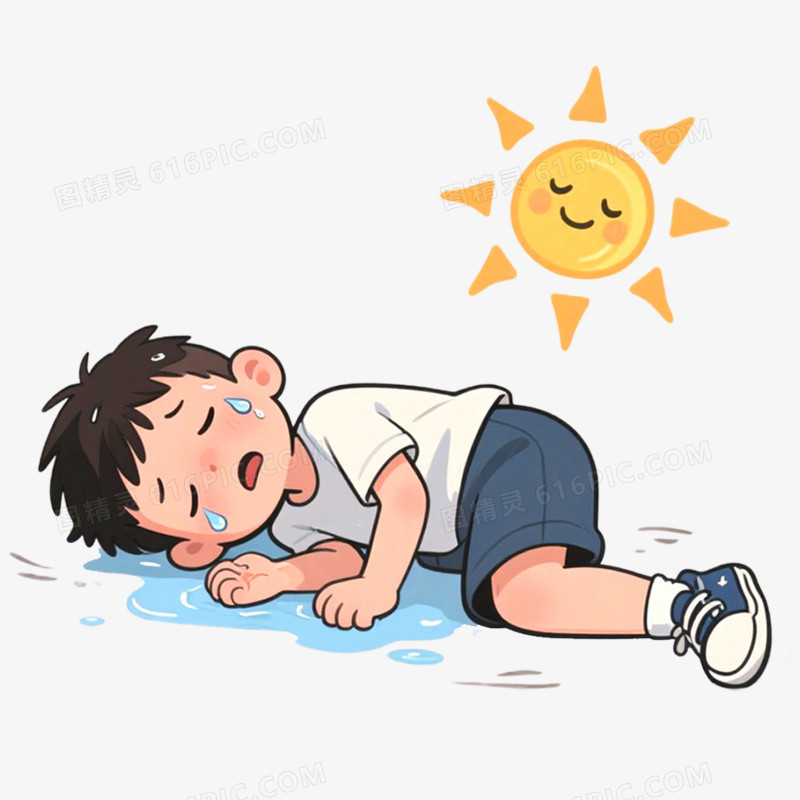 手绘插画夏日中暑画面免抠元素