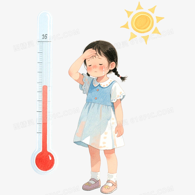 手绘插画夏日中暑画面免抠元素
