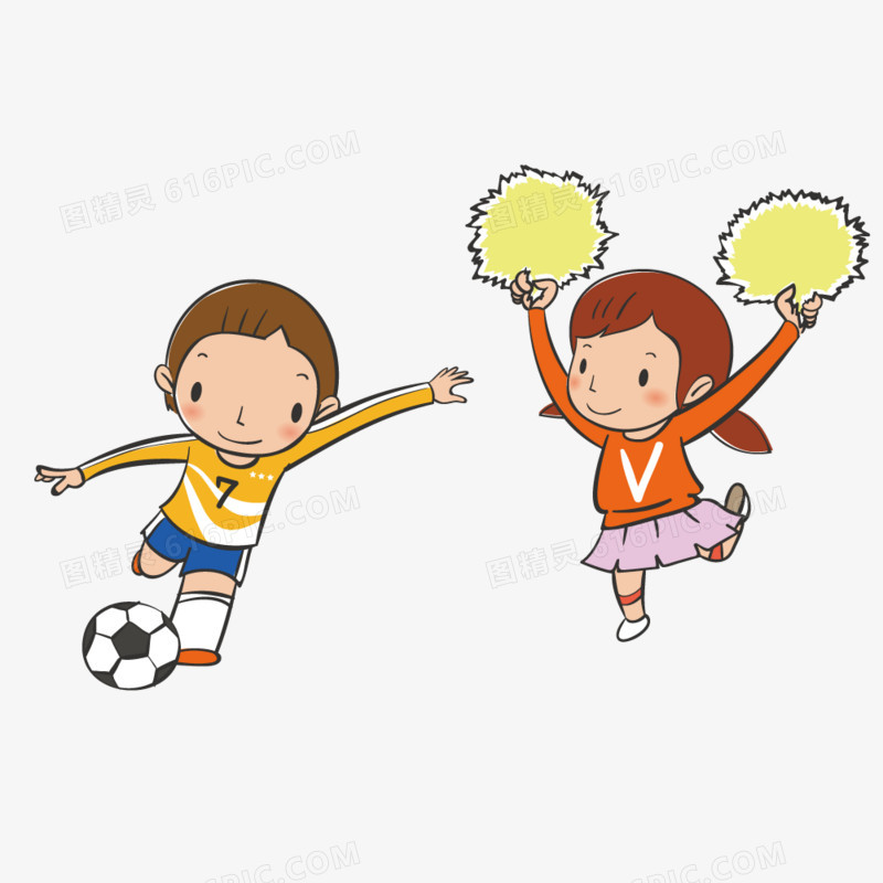 踢足球的男孩和女啦啦队员