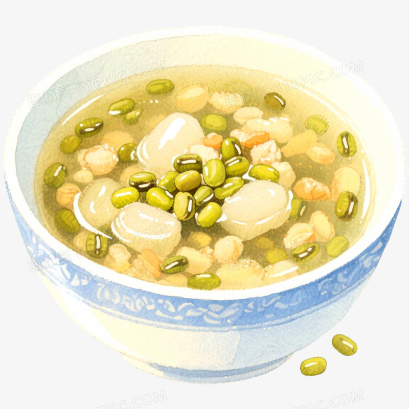 手绘插画夏日绿豆汤免抠元素