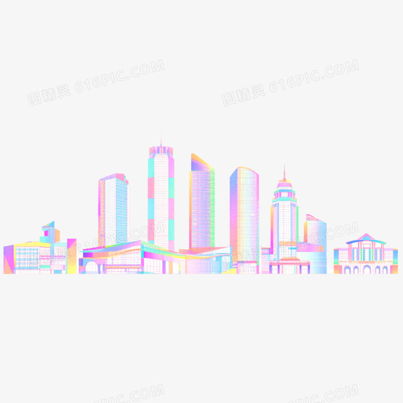 手绘插画炫彩城市天际线免抠元素