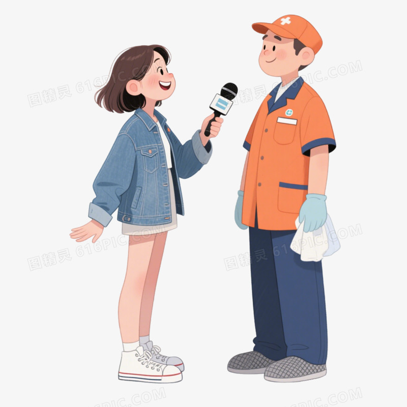手绘卡通记者采访保洁员免抠元素