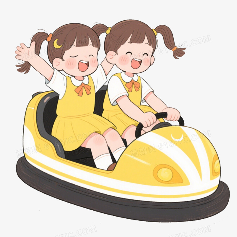 手绘卡通两个小女孩开一辆碰碰车免抠元素