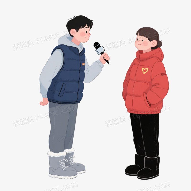 手绘卡通穿羽绒马甲的记者采访志愿者免抠元素