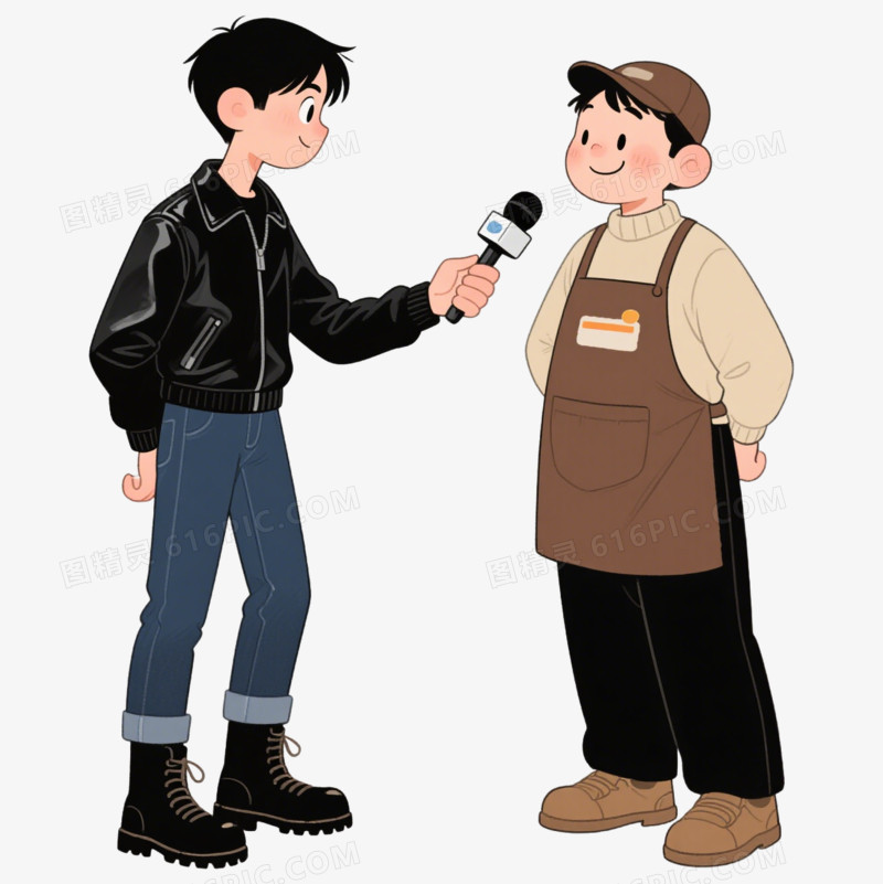 手绘卡通穿皮夹克的记者采访便利店员工免抠元素