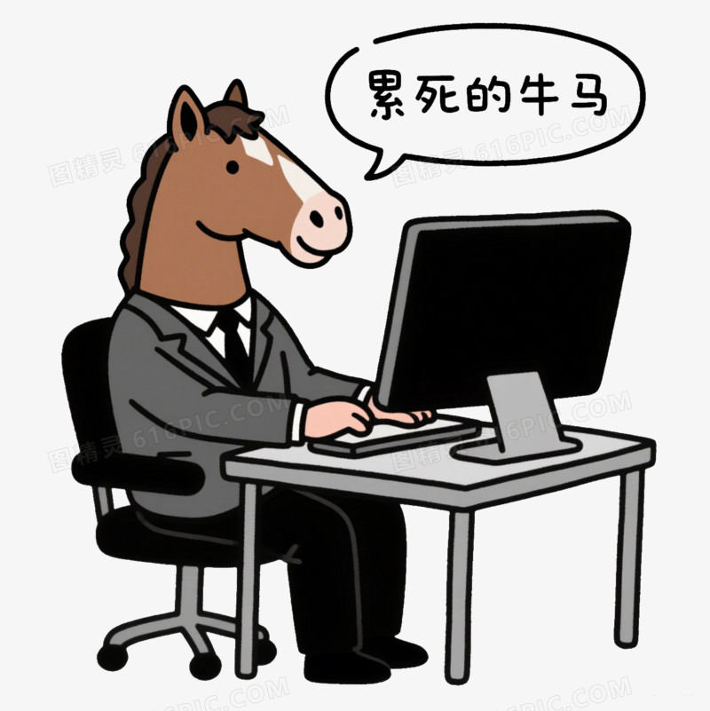 手绘卡通一个穿西装的马头人对着电脑打字免抠元素