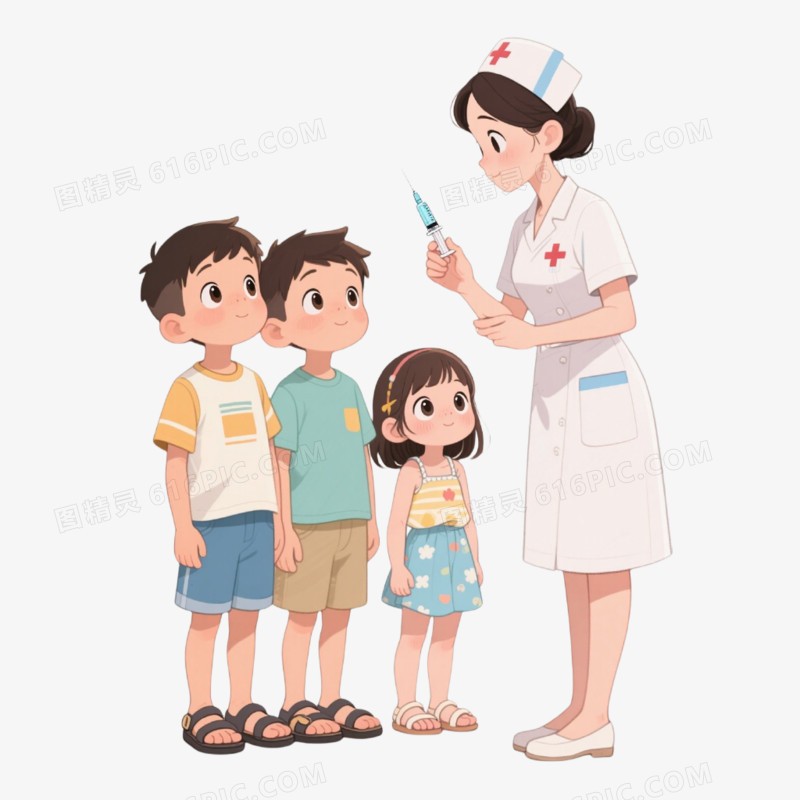 插画风格排队打针免抠元素
