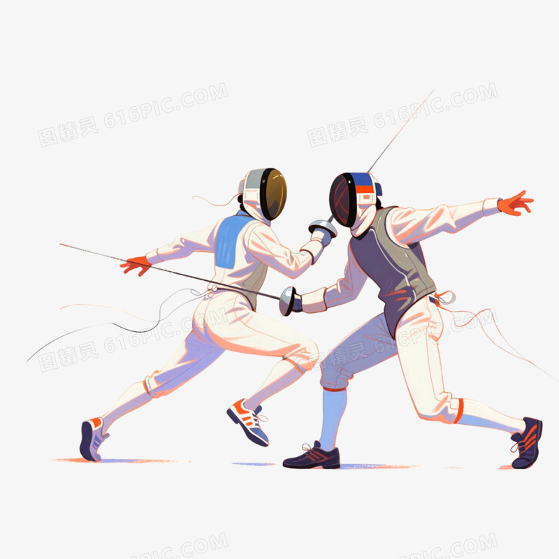 手绘水彩插画双人击剑免抠元素