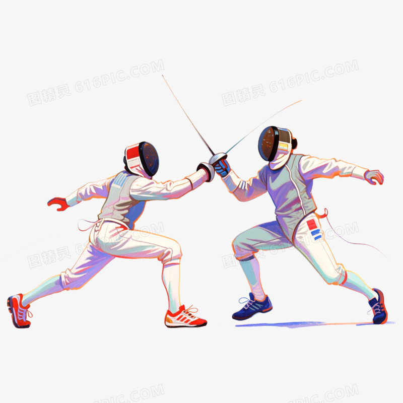 手绘水彩插画双人击剑免抠元素
