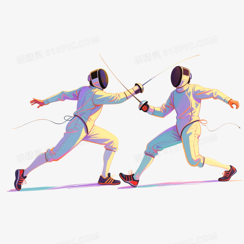 手绘水彩插画双人击剑免抠元素