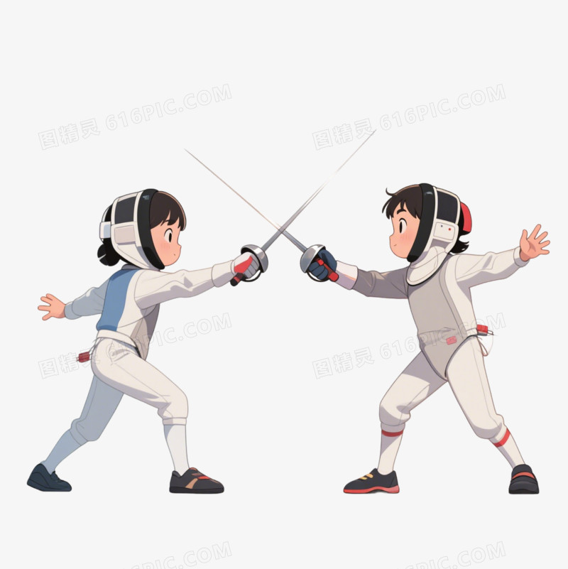 手绘卡通风格双人击剑免抠元素