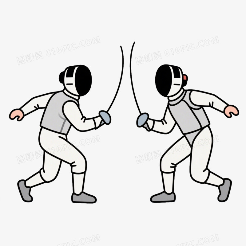 手绘卡通两个人击剑免抠元素
