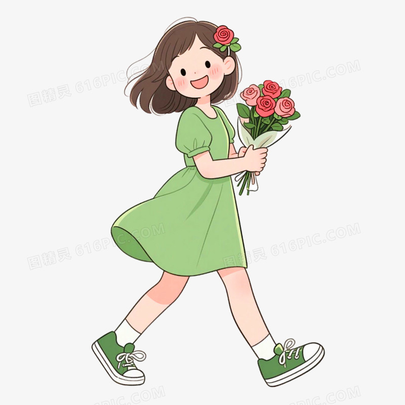 卡通手绘女孩与花免抠元素