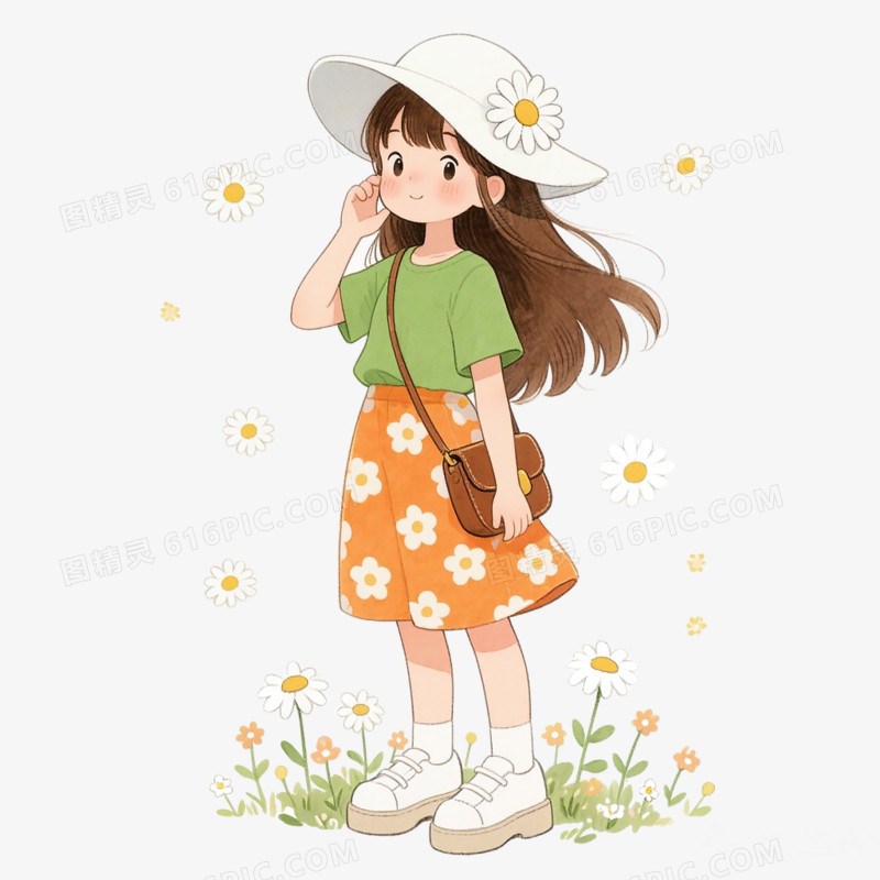 卡通手绘女孩与花免抠元素